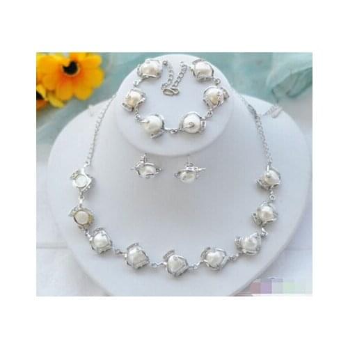 Jewelry Set hook>SET white baroque freshwater pearl earring bracelet necklace p3694