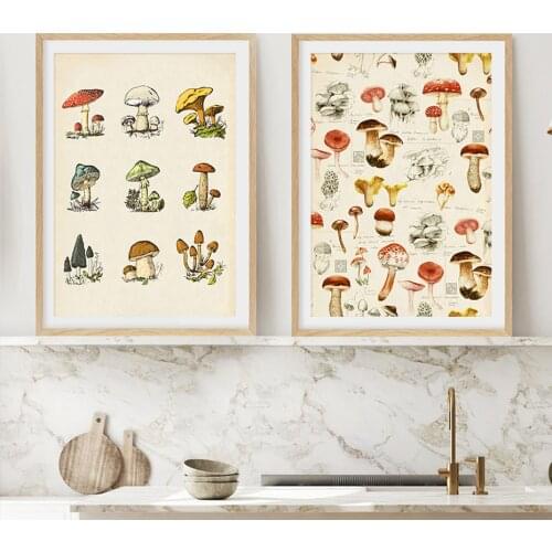 Mushroom Hand Drawn Vintage Organic Food Kitchen Wall Art Canvas Painting Poster and Print Pictures for Living Room Home Decor