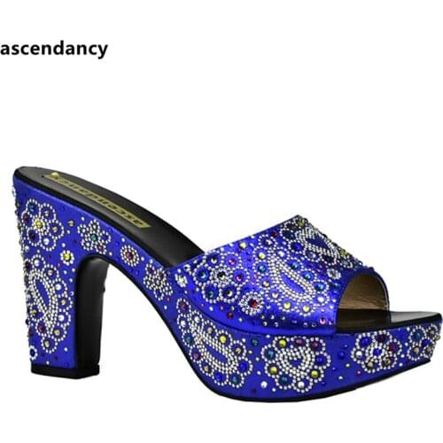 Latest Design African Women Slippers Summer High Heels High Quality African Sandals Heels Pumps Blue Color African Wedding Shoes