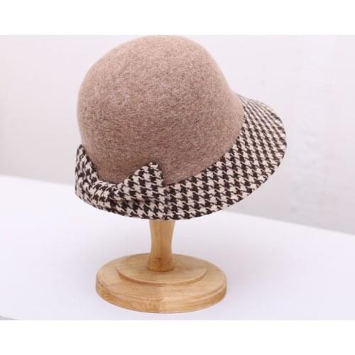 New Warm Arrive Autumn Winter Fashion Wool Thickness Elegance Woman Bow Patchwork Hound Tooth Pattern Fedoras Panama Bucket Hat