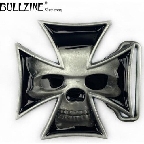 Bullzine wholesale Skull belt buckle with cross with pewter finish FP-02571 suitable for 4cm width belt