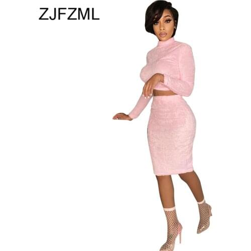Autumn Winter Women Solid Fleece 2 Two Piece Skirt Sets Full Sleeve Warm Crop Top and Bandage Mini Skirt Suit Female Tracksuits