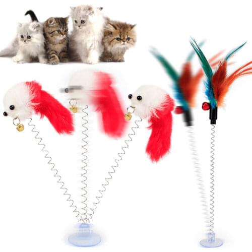 Plastic Cat Interactive Toy With Bottom Sucker Elastic Spring Feather Plush False Mouse Funny Cat Toy gatos 1pc LBShipping