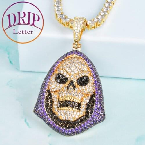 Purple Stone Hoody Skull Pendant Gold Color AAA Cubic Zircon Necklace Hip Hop Rock Jewelry