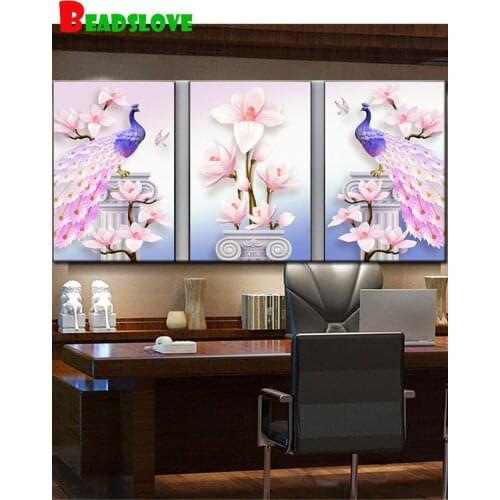 Triptych DIY Diamond Embroidery Animal Peacocks,3d Cross stitch Diamond Painting Round Drill Picture Of Decor Christmas present