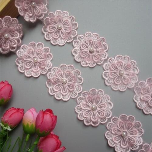 HOT Pink Polyester Pearl Flower Embroidered Lace Trim Ribbon Fabric Patchwork Sewing Supplies Craft For Clothes Decoration 5cm