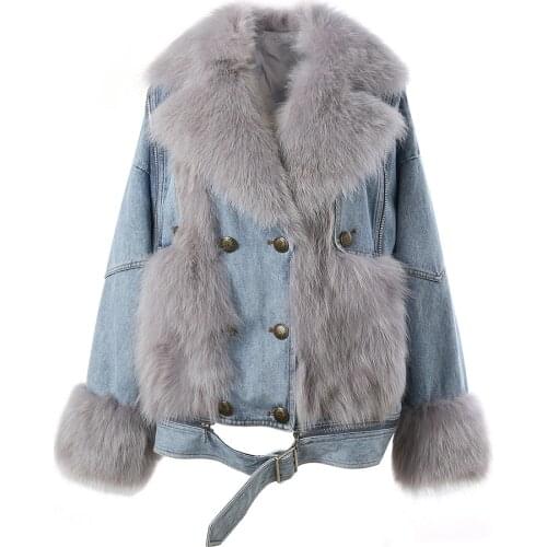 Women Fox Fur Denim Parker Winter Warm Down Coat Lady Fashion Style Clothing Jean Jacket Women Denim Jackets Parka S3503