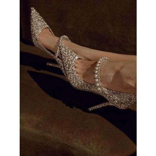 Womens shoes 2021 new crystal pearl high heels stiletto point rhinestone bridal shoes bridesmaid all-match womens shoes