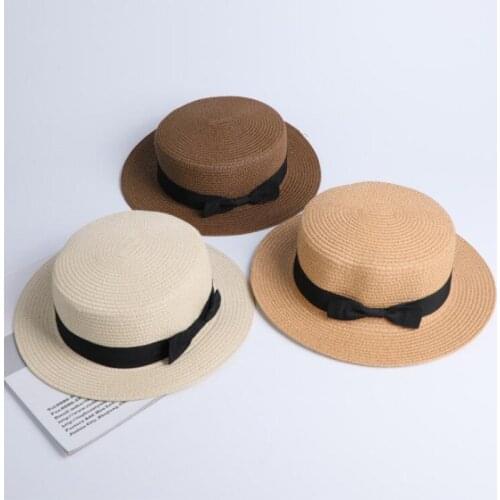 Seioum wholesale sun flat straw hat boater hat girls bow summer Hats For Women Beach flat panama straw hat chapeau femme