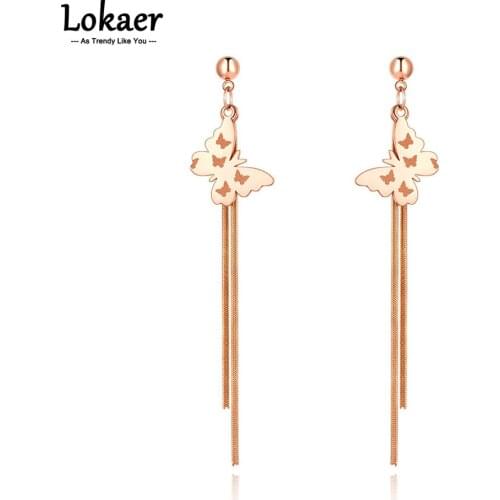 Lokaer Trendy Stainless Steel Butterfly Charm Earrings Jewelry Cz Crystal Long Chain Tassel Animal Earrings For Women E21117