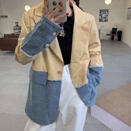 2021 Spring and Autumn Womens Denim Jacket Womens Coat High Quality Lapel Patchwork Denim Blazer Fashion Casual