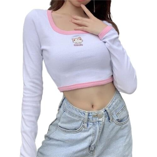 Women Cute Crop Tops, Sexy Square Neck Embroidery Cat Pattern Short Blouses, White