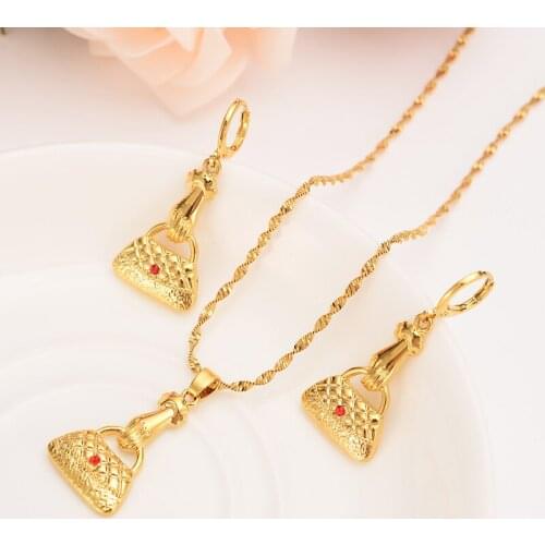 Gold Color PNG Pendant Necklace figaro chain earrings crystal cz bag for Women PNG Traditional Cultural wedding Jewelry Gift