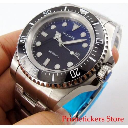 BLIGER 44mm black blue dial ceramic bezel luminous marks automatic movement mens watch