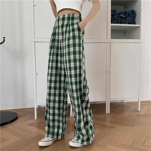 High Waist Plaid Pants for Women Streetwear Full Length Wide Leg Pants Women Casual Straight Trousers lady' Checkered Pants