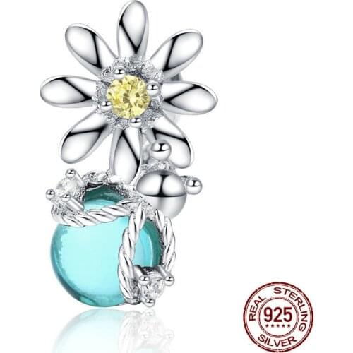Genuine 925 sterling silver fireflies and daisy blue glass crystal beads fit Pandora original charm bracelet pendant jewelry