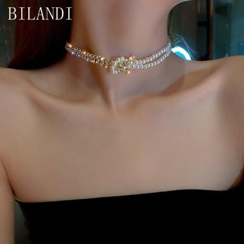 Bilandi Delicate Jewelry Double Choker Necklace Popular Design High Quality Shiny Crystal Simulated Pearl Necklace For Women