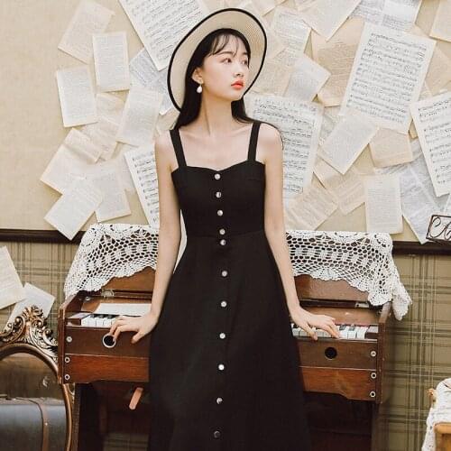 Elegant Women Dress Hepburn Style Black Suspender Dresses 2021 Summer Sleeveless V-neck Vintage Casual All-Match Female Vestido