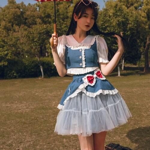 Fashion Blue Denim Mesh Sweet Summer Lolita Dress Set Loli Vest Skirt Cosplay Anime Bow Gothic Kawaii Mori Girl Lolitas Outfit