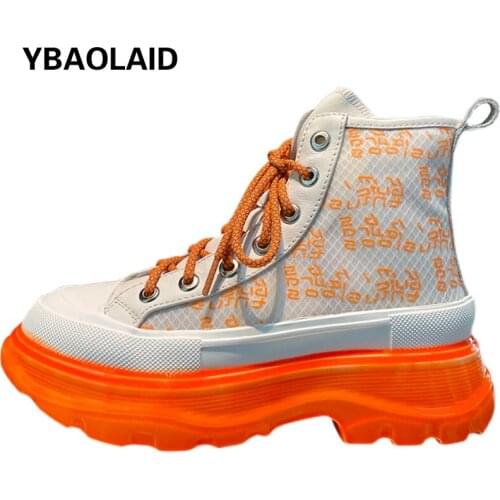 Cowhide Mesh Printed Lace Breathable High-top Platform Single Shoes New Round Head Cross Straps Sports Increased Daddy Shoes