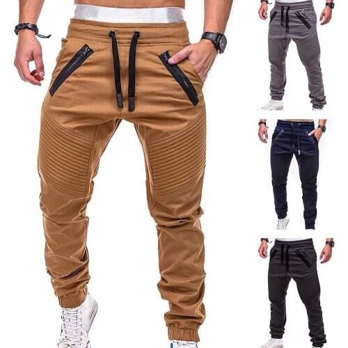 Mens Track Pants Slim Trousers Sport Tracksuit Men Fashion Drawstring Zip Strips Pockets Ankle Tied Long Pants Sports Trouser