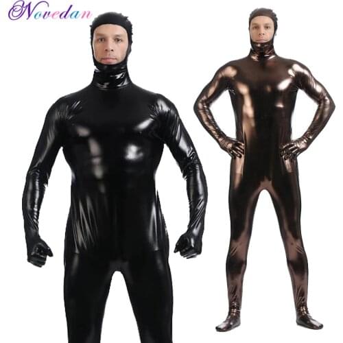 Men Metallic Wetlook Latex Open Face One Piece Bodysuit Zentai Suit Shinny Faux Leather Catsuit Fetish Cosplay Costume Club Wear