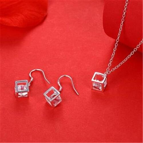 Sets Silver Color Plating Square Cube Size 8*8mm Flower Earring Bracelet And Pendant Necklace Set Free 18-inch Rolo Chain