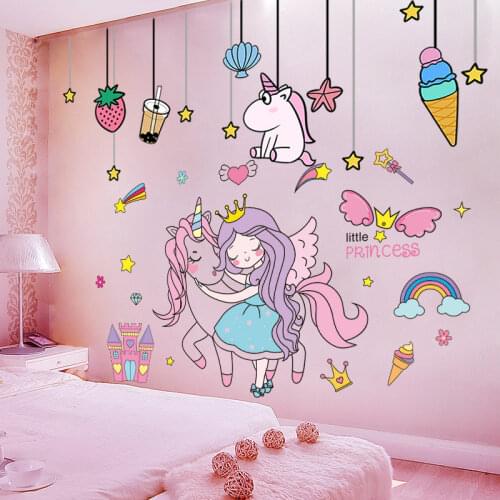 [shijuekongjian] Cartoon Girl Wall Stickers DIY Unicorn Animal Stars Wall Decals for Kids Bedroom Baby Room House Decoration