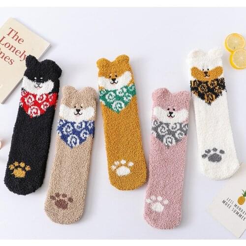 2021 Winter Cartoon Embroidered Coral Fleece Socks Men Women Sweet Puppy Thicken Happy Funny Floor Socks Original Christmas Gift