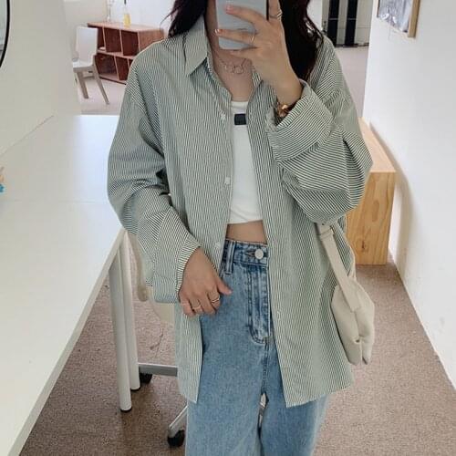 Alien Kitty 2021 New Autumn Womens Long-Sleeved Shirt Turn Down Collar Stripe Hot Loose Casual Korean Design Basic Female Top