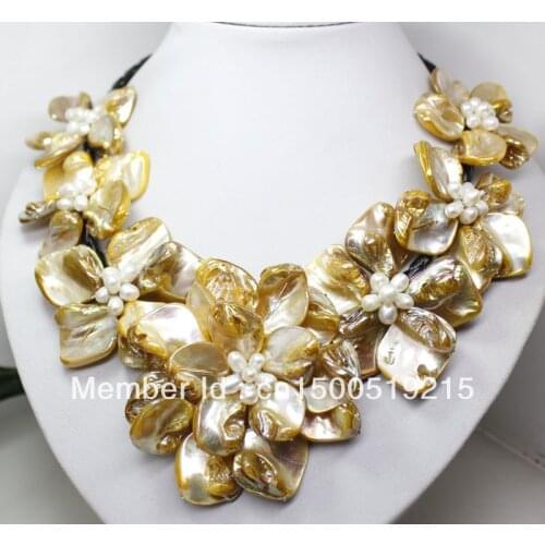 Perfect Gold yellow Shell Floral flower bloom & White Cultured Pearl Necklace
