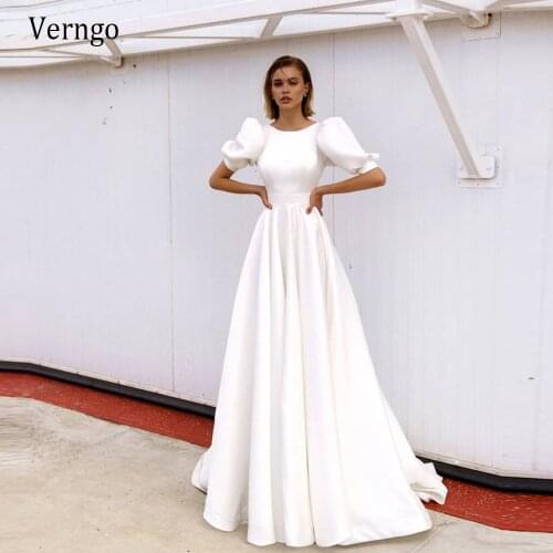 Verngo A Line Satin Wedding Dress Puff Short Sleeves O-Neck Keyhole Back Buttons Back Bride Dress 2021 Korean Wedding Gowns