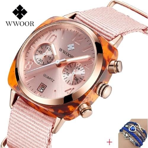 2020 Hot WWOOR Women Watch Nylon Belt Lady Watch Imitate Shell Case Wristwatch Women Sport Clock Free Gift Bracelet Pink Watches
