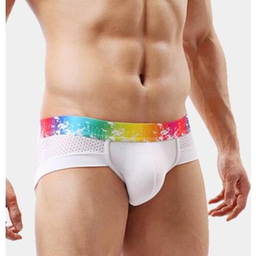 Sexy Men Underwear Panties Mens Brief Shorts Colorful Waistband Underpants Breathable Low Waist Mesh Patchwork U Convex Briefs