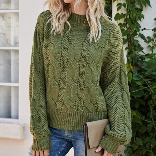 Autumn Winter Cable-Knit Sweater Half Turtleneck Long Sleeve Warm Knitwear Pullover Women Fashion Green Cute Streetwear Clothing