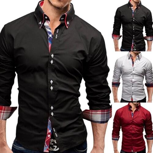 Solid Color Plaid Patchwork Men Slim Fit Turn Down Collar Long Sleeve Shirt Top
