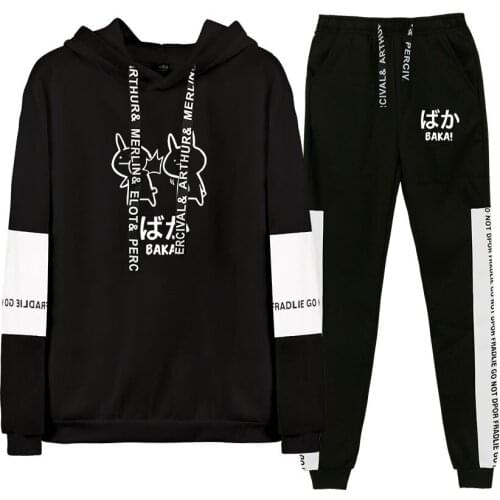 WAWNI Fashion Baka Rabbit Slap Hoodies Set Japan Anime Funny Thick Hoody Moletom Black Japanese Sweatshirt Pullover and Trousers