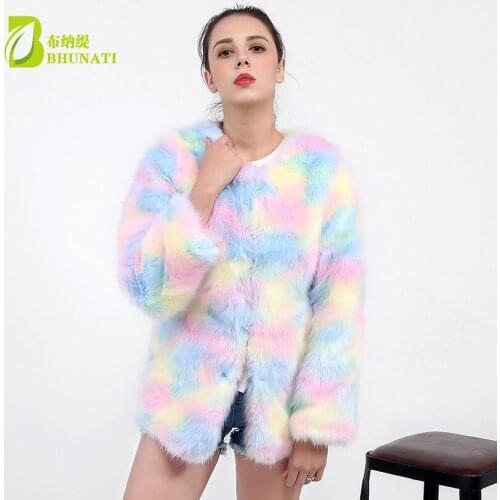 Women Elegant Fur Coats Colorful Faux Fur Coat Multicolor Long Sleeve Collarless Casual Woman Winter Fur Coats