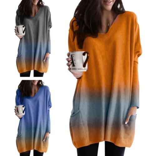 Women V Neck Long Sleeve Top Pullover Printed Dyeing Loose Blouse Shirt Gray Blue Orange Fit Soft Waffle Knit Thermal Top Autumn
