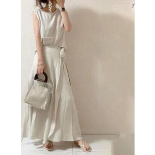 Summer 2021 Japanese Solid Color Sleeveless Womens Two Piece Sets Simplicity Fashion Casual Loose Round Neck High Waist