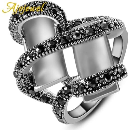 Ajojewel Size 7-9 Vintage Jewelry Retro Two Cuboid White Opal Ring Women Pave Black Rhinestones Finger Rings Bijoux