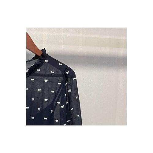 Women Dress 2021 Early Autumn Three-quarter Sleeve Bowknot Embroidered Elastic Waist Mini Dress