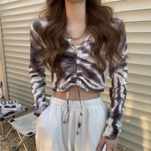 Women Long Sleeve Drawstring Bodycon Crop Tops Fashion Tie Dye Printed T Shirt Spring Ladies Skinny Clothes Streetwear Tshirt