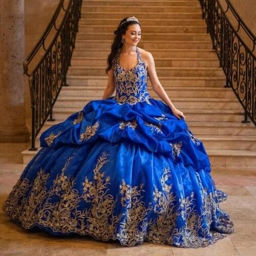 Royal Blue Quinceanera Dresses with Lace Applique Halter Neck Sweet 16 Dress vestido de 15 anos 2021 Birthday Ball Prom Gowns