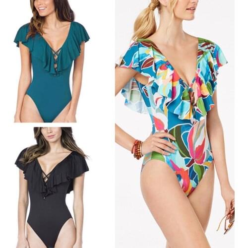 2019 New Style Fashion Hot Sexy Ruffles V-Neck Women Print Girls Lady Swimwear Swimsuit Bathing Suit Swimming Bra Set