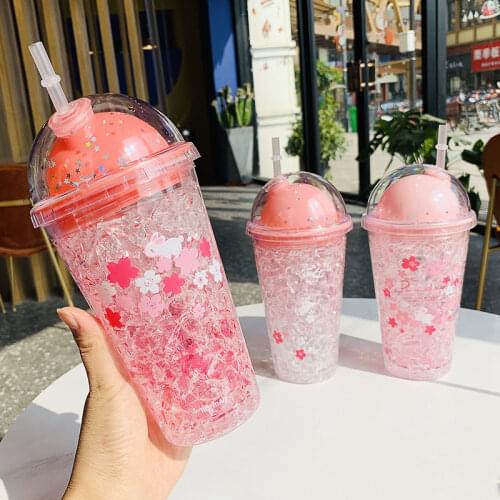 420 ML Kawaii Cherry Blossom Bottle Creative Sequin Rabbit Crushed Ice Cup Summer Ice Drink Bottle with Straw Coffee Juice Cups