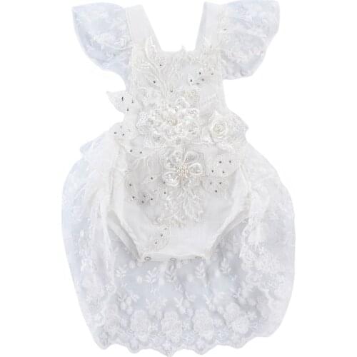 2021 0-24M Infant Baby Girl Princess Romper Dress Pears 3D Flower Lace Fly Sleeve Backless Square Collar White Dress For Party