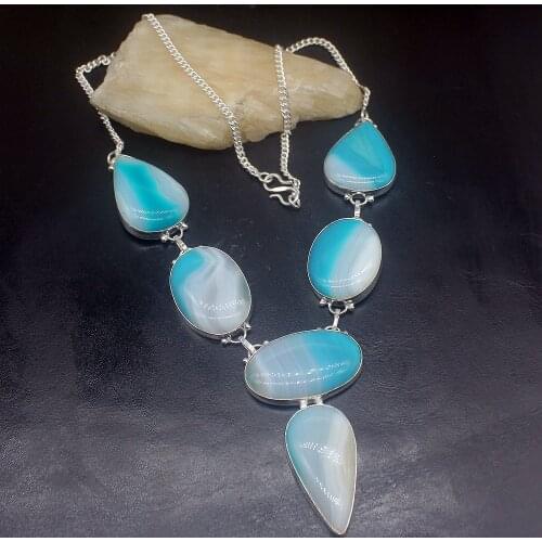 Hermosa Jewelry Gorgeous Fashion BotswanaAgate Silver Color Women Ladies Gifts Pendant Necklace Chain 48cm 20213452