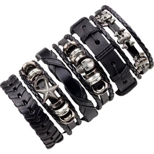2019 New Style 6pcs/set Leather Bracelet Men Multilayer Punk Skull Star Charm Wrap for Women Vintage Bracelets Gifts