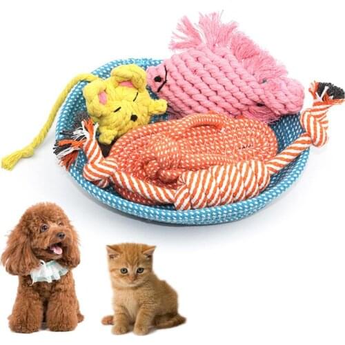 Pet Knot Toy Set Bite Resistant Cotton Cat Training Chewing Toys Interactive Toys with Storage Basket for Cats